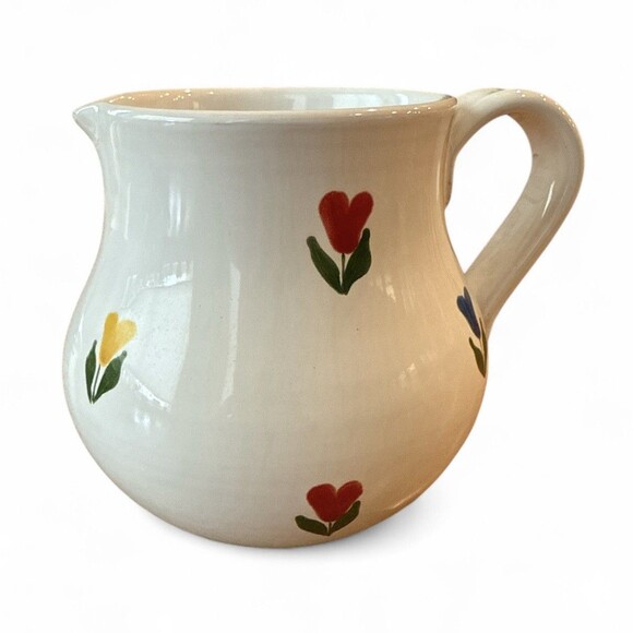 Hand Painted Made In Italy Tulip Flower Pitcher Creamer Vintage 6” White Glaze - Picture 1 of 6